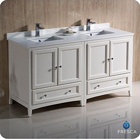 Fresca 60" Traditional Double Sink Bathroom Cabinets, Antique White