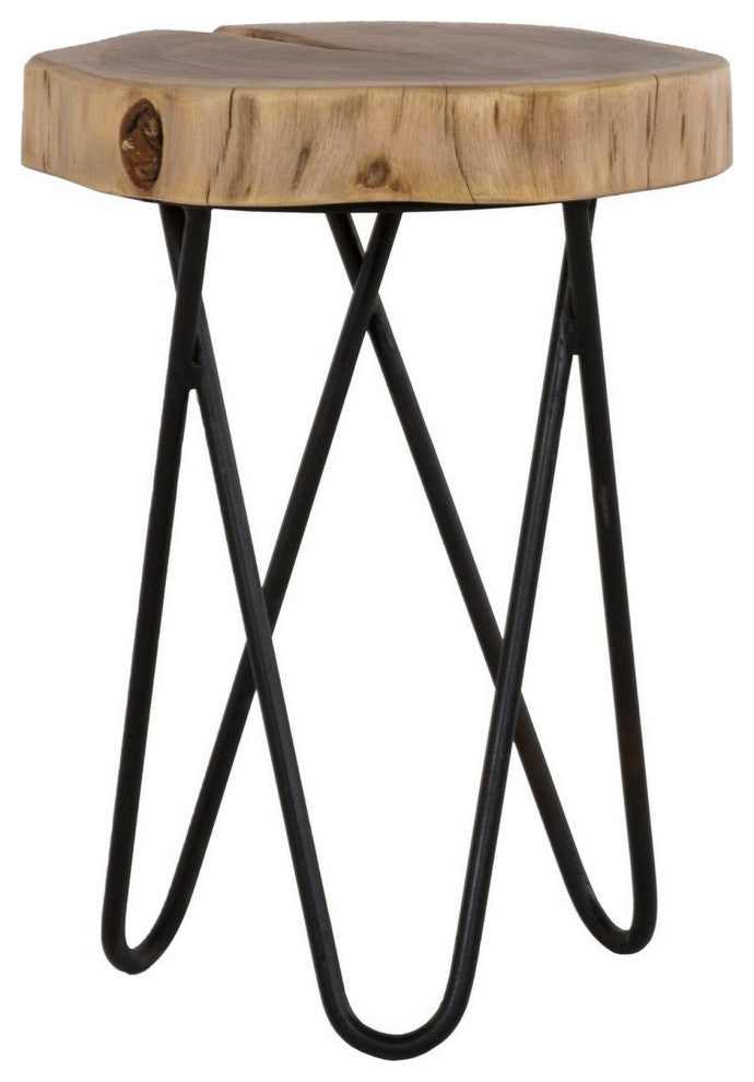 Benzara BM286410 Side Table, Wood Tabletop, Hairpin Style Iron Legs, Brown