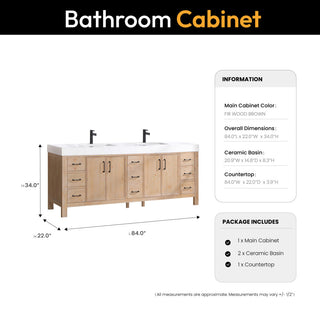 Leon Bath Vanity With Composite Stone Top, Fir Wood Brown, 84", No Mirror