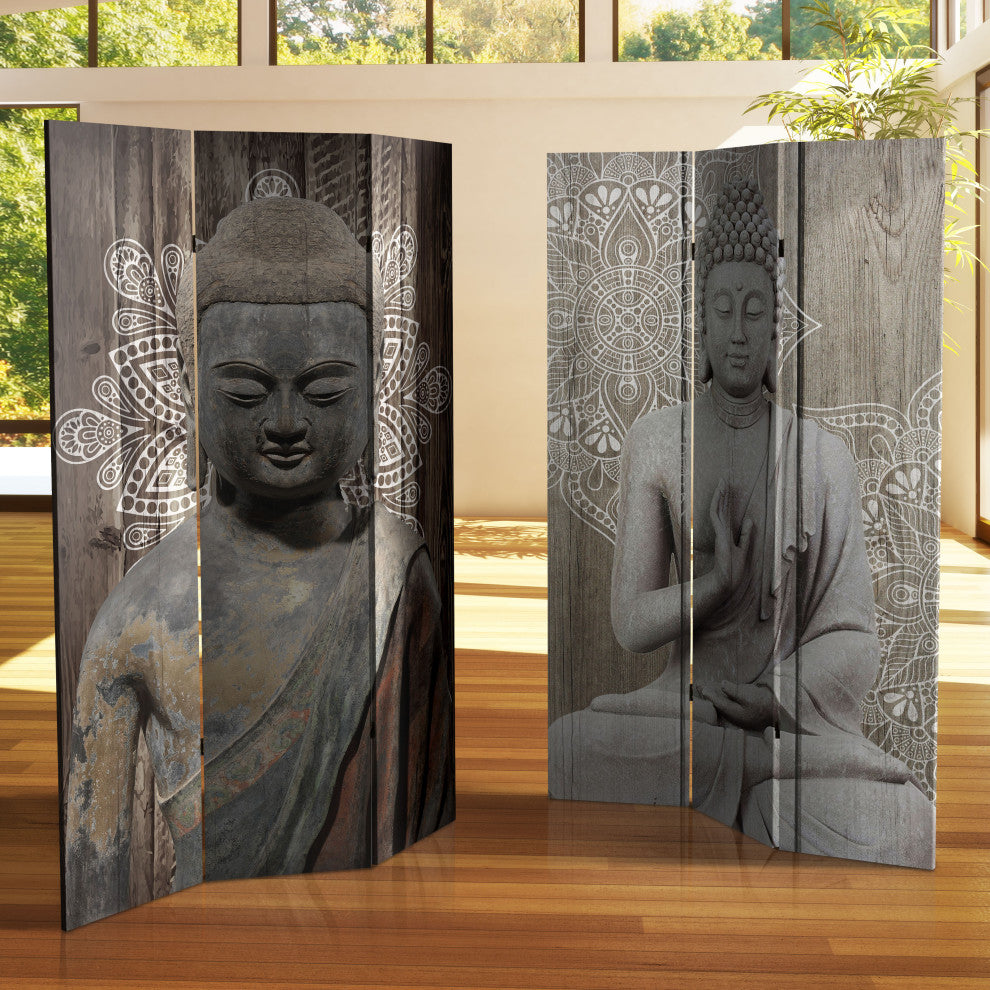 6' Tall Double Sided Stone Buddha Canvas Room Divider