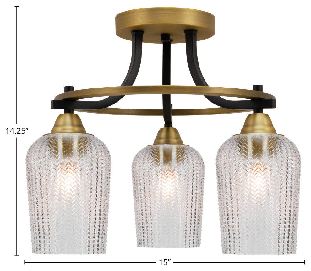 Paramount 3-Light Semi-Flush Light, Matte Black & Brass, 5" Clear Textured Glass