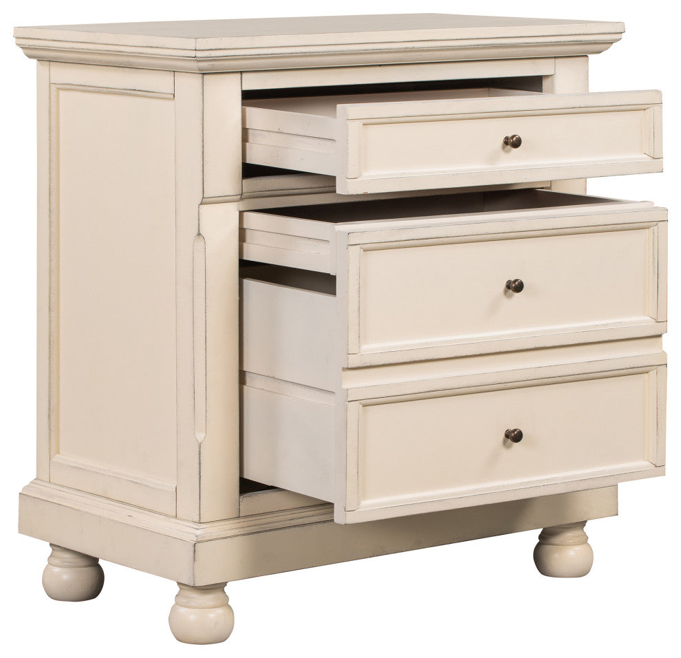 3-Drawer Wood Nightstand, Cream White, 30'' Tall