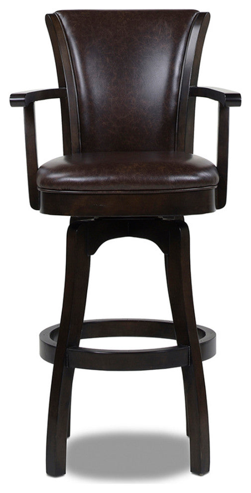Williams Swivel Bar and Counter Stool With Armrests, Vintage Brown Faux Leather, Bar Height