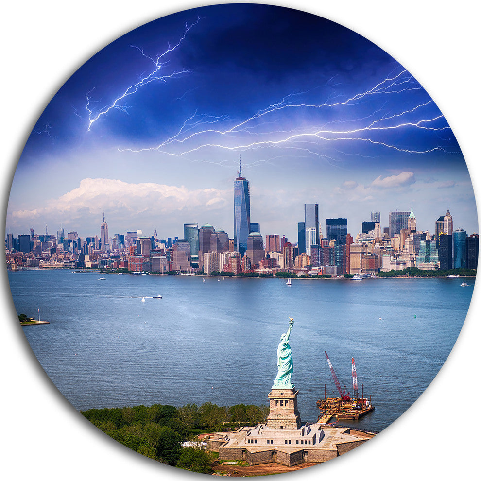 Statue Of Liberty And Skyline, Cityscape Photo Round Wall Art, 36"