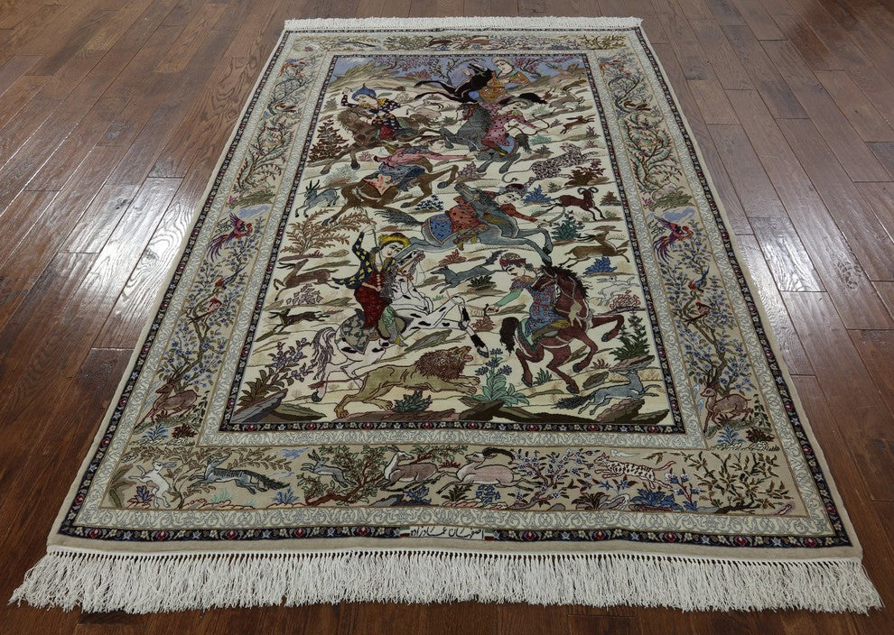 Hunting Scene Hand Knotted Wool/Silk Signed Authentic Persian Isfahan Rug, 5x8