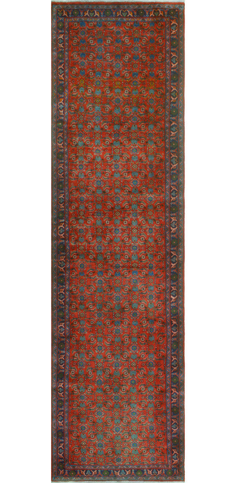Fine Vintage Distressed Talbert Red/Navy Runner, 3'5x13'5