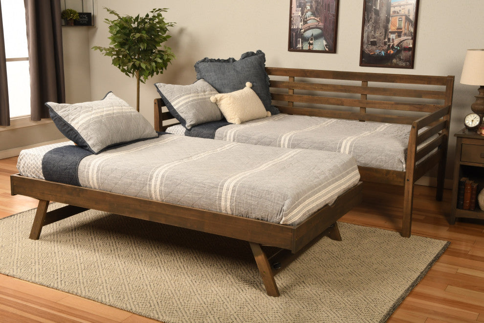 Boho Daybed With Pop Up and Linen Aqua Mattresses, Rustic Walnut