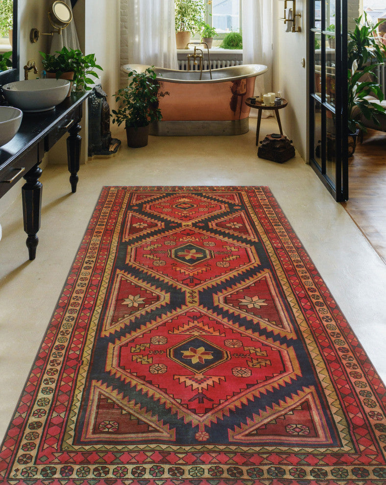 Fine Vintage Distressed Bruno Red/Gold Runner, 4'8x9'9
