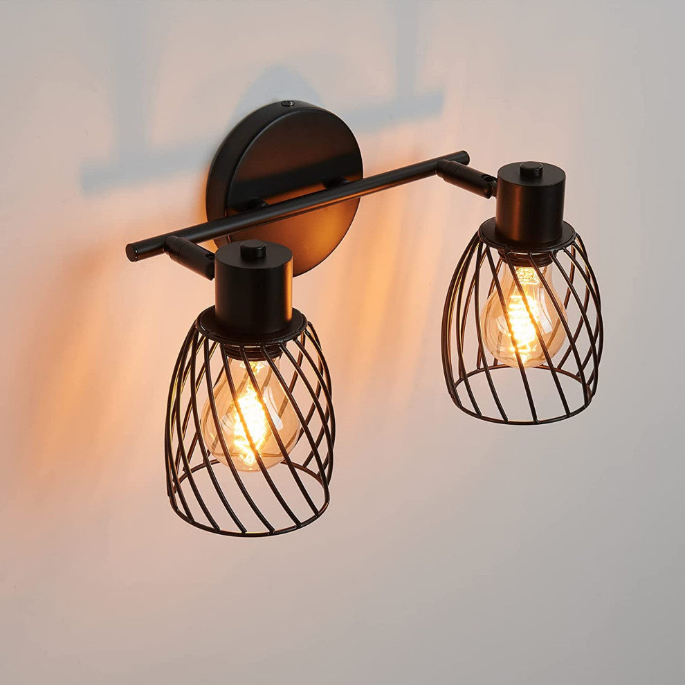 2 Light Semi Flush Mount, Farmhouse, Vintage, Cage, Black