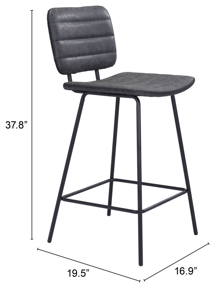Counter Stool Chair, Set of 2, Faux Vinyl Leather, Steel, Vintage Black, Cafe