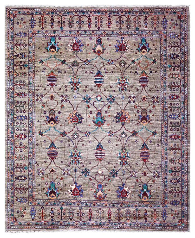 Carbon Gray Hand Knotted Sultani Pomegranate Design Wool Oriental Rug 7'9"x9'6"