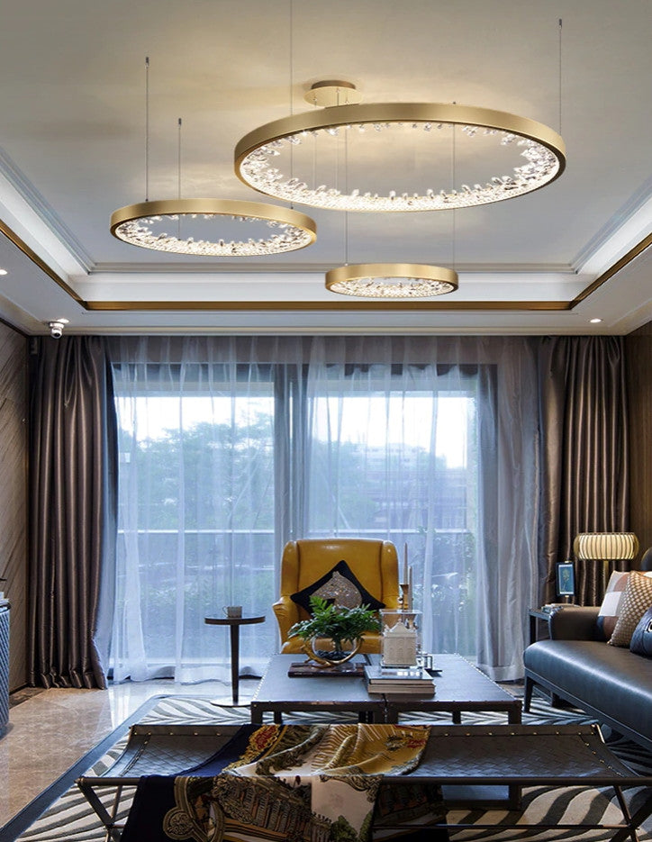 Zeddiani | Gold Rings Led Crystal Chandelier for Bedroom, 3 Rings 7 Bases