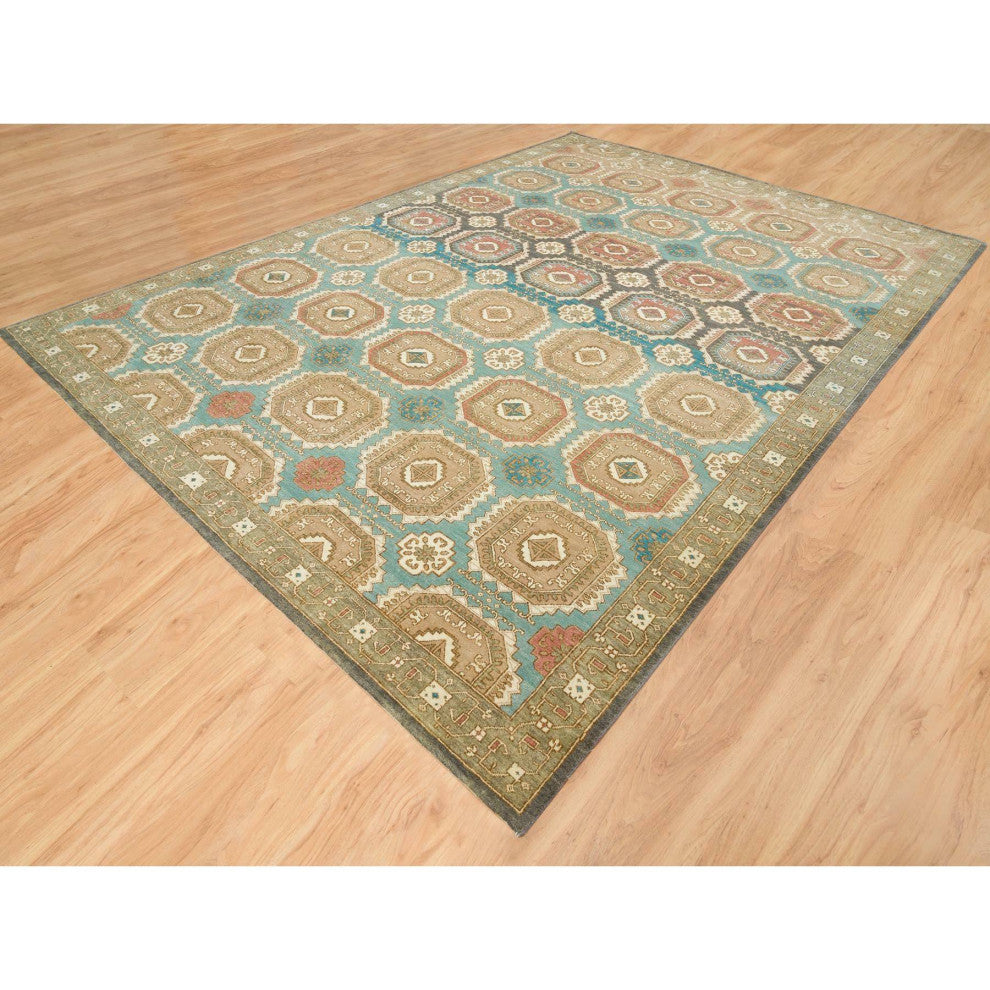 Hand Spun Ghazni Wool, Natural Dyes, Caucasian Gul Motifs Rug, 10'x14'