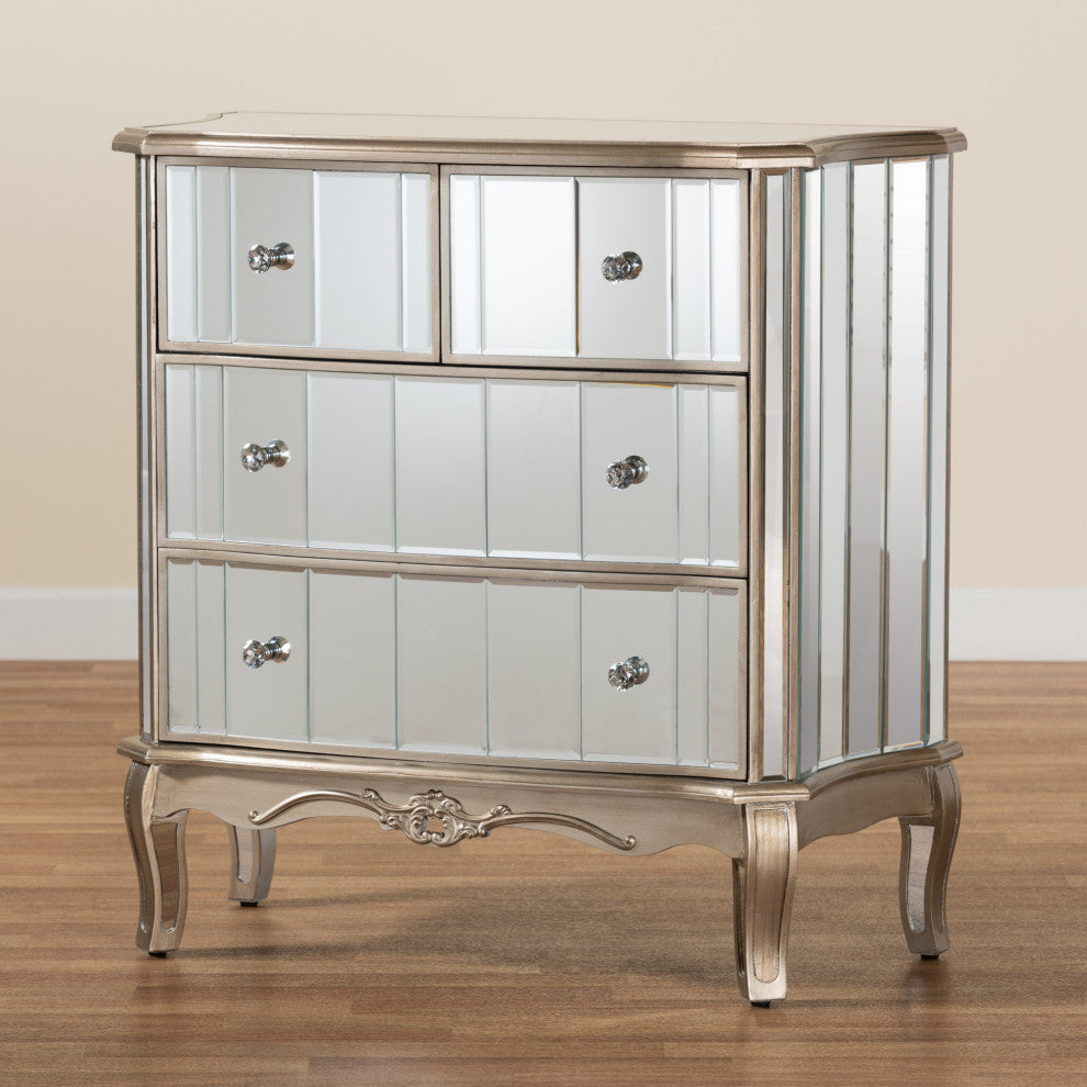 Elgin Brushed Silver Finished Wood and Mirrored Glass 4-Drawer Cabinet