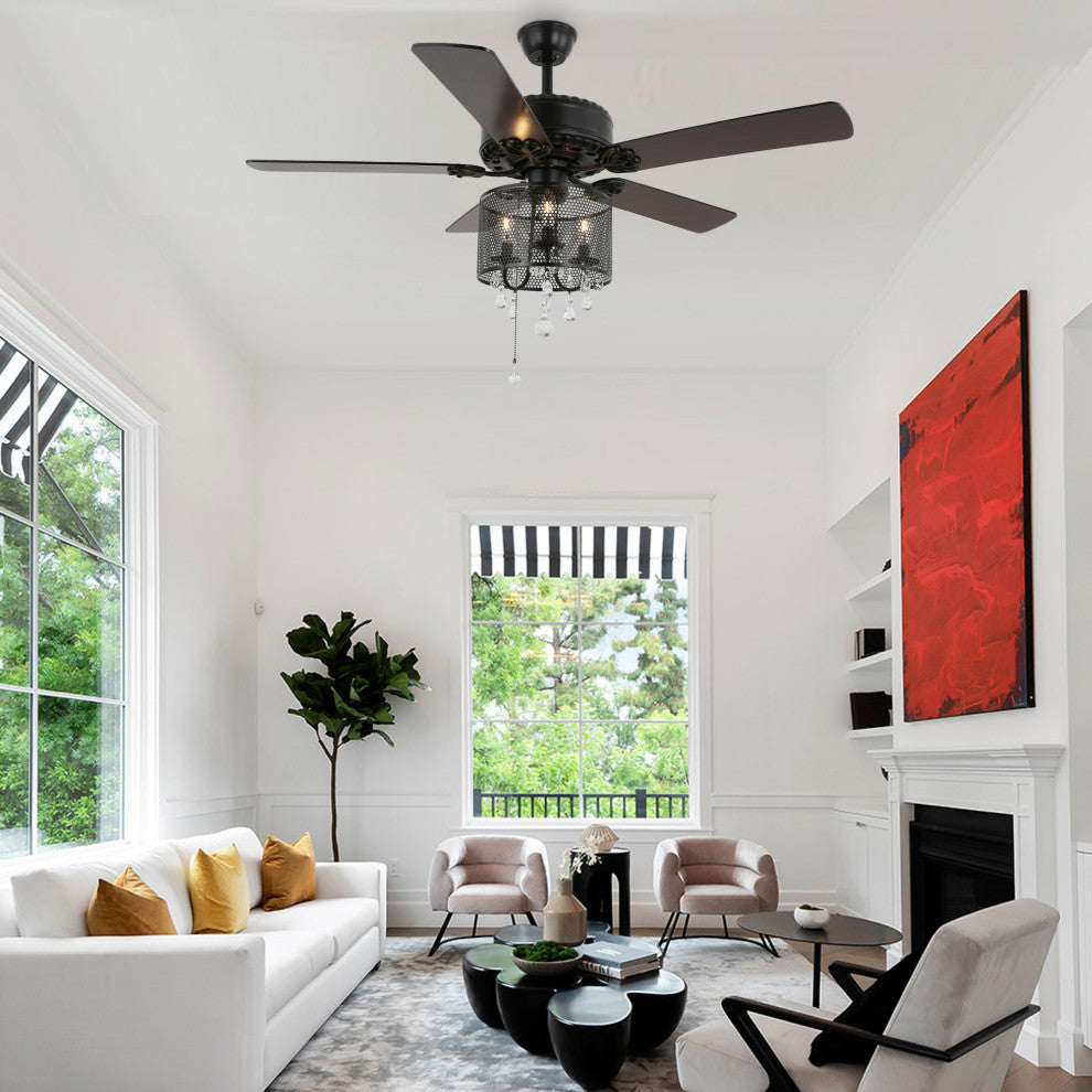 Black Ceiling Fan with Remote Reversible Chandelier 52inch, Black