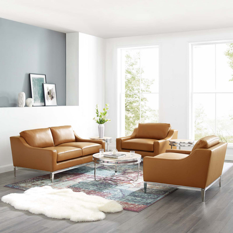 Armchair and Loveseat Sofa Set, Leather, Tan, Modern, Living Lounge Hospitality
