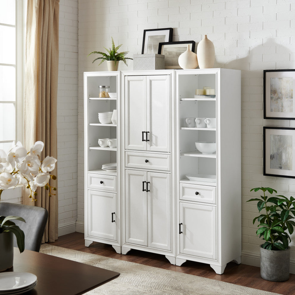Tara 3-Piece Pantry Set, Distressed White Pantry and 2 Linen Cabinets