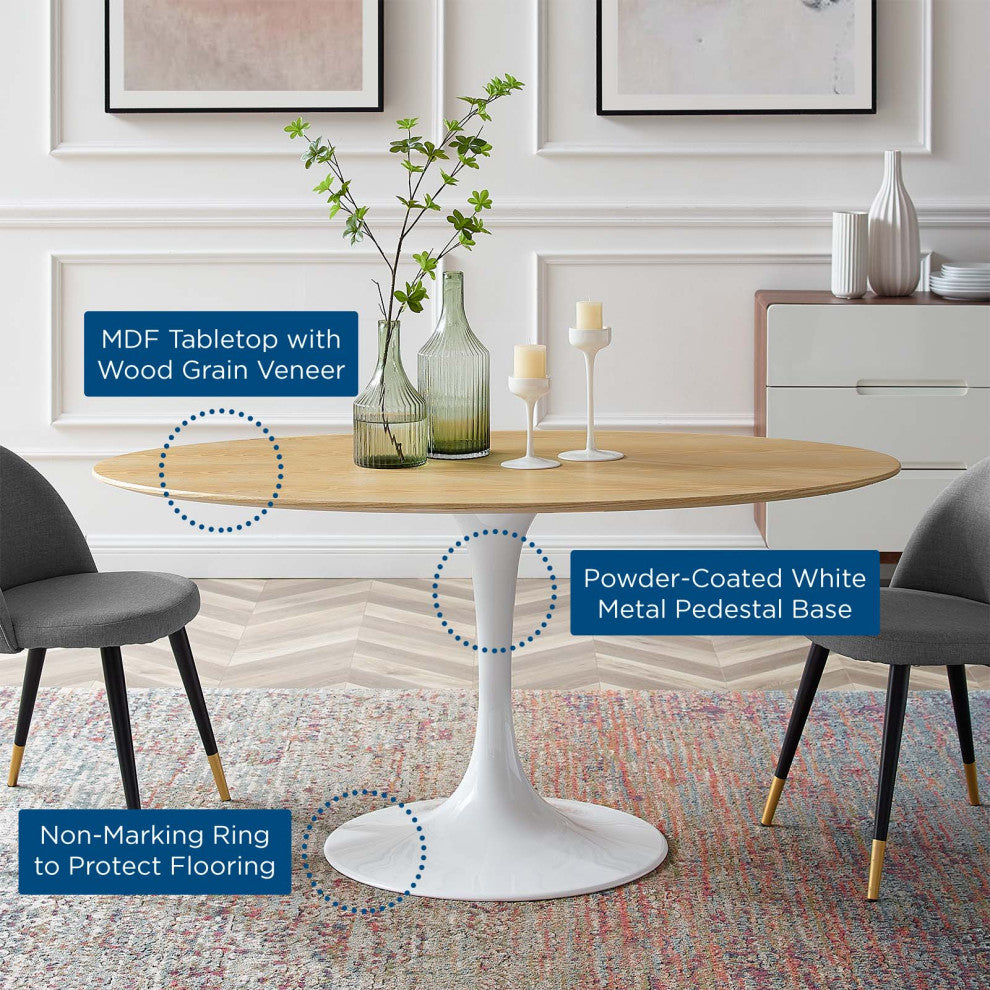 60" Dining Table, Oval, Natural Brown White, Metal, Modern, Hospitality