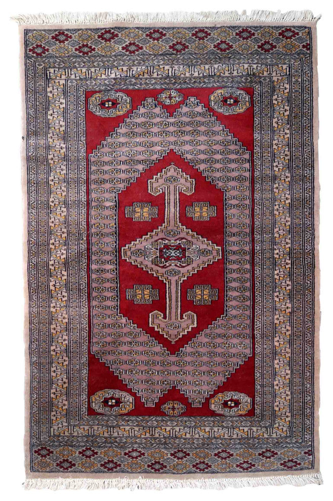 Handmade Vintage Uzbek Bukhara Rug 3.2'x5.1', 98cmx156cm, 1970s