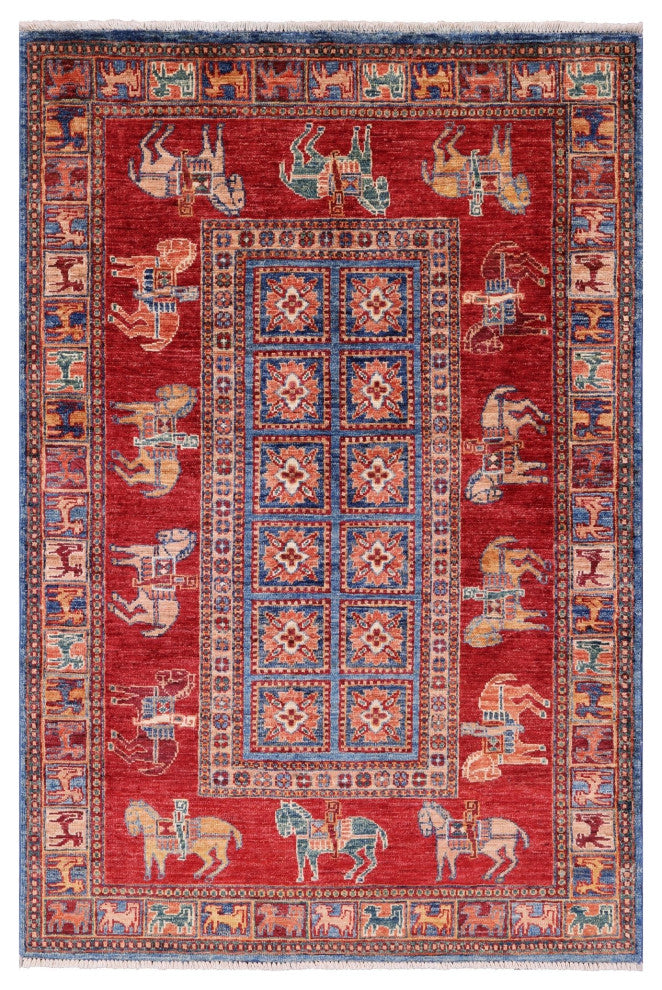 3' 5" X 5' 1" Hand Knotted Antiqued Pazyryk Historical Design Wool Rug Q10703