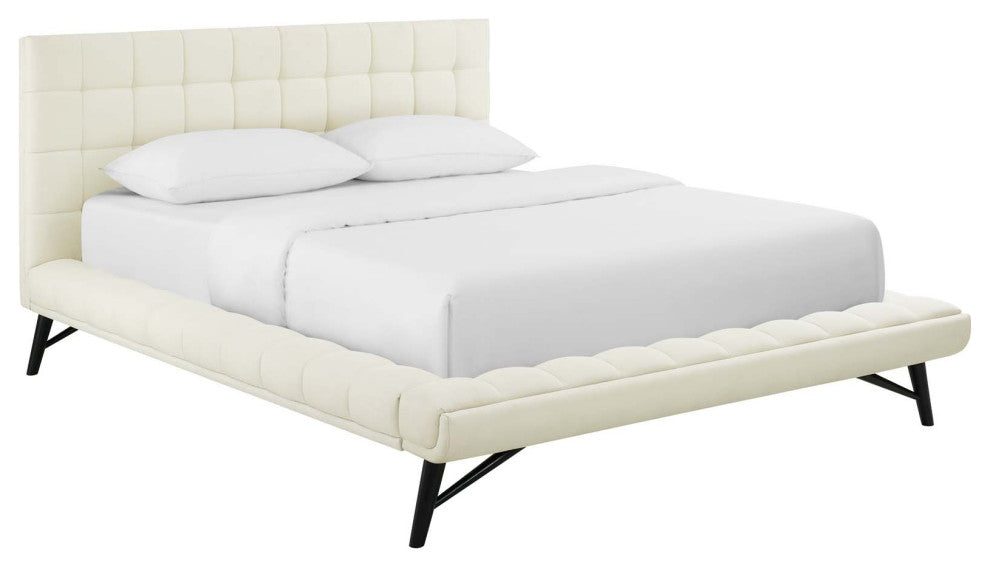 Ivory Julia Queen Biscuit Tufted Upholstered Fabric Platform Bed