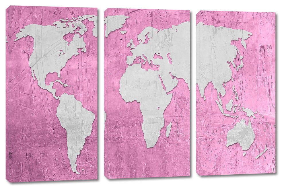 Pink Pale Plum, Silver World Map Canvas Print, 3 Panel Split, Triptych