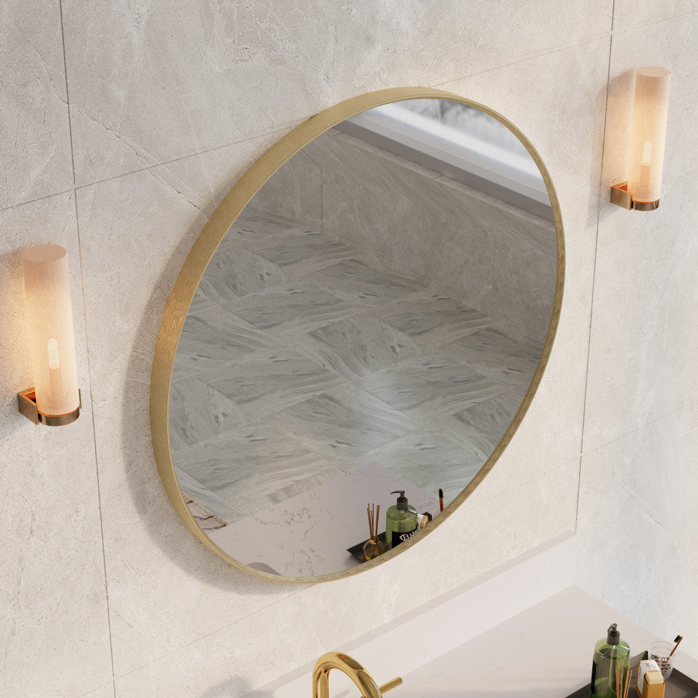 Bella Round Anodized Aluminum Wall Vanity Mirror, Brushed Gold, 28"x28"