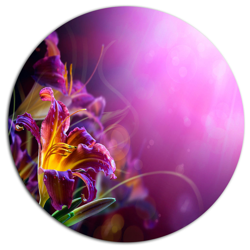 Flowers On Purple Background, Floral Disc Metal Wall Art, 11"