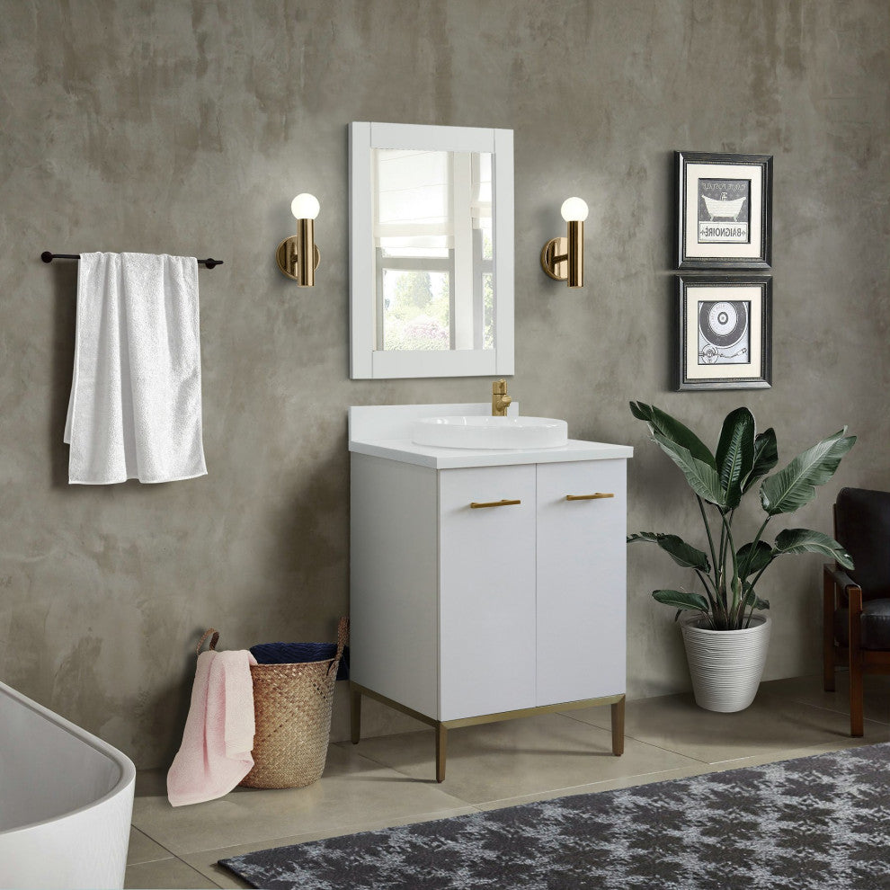 25" Single Sink Vanity, White Finish With Engineered Stone Top And Round Sink
