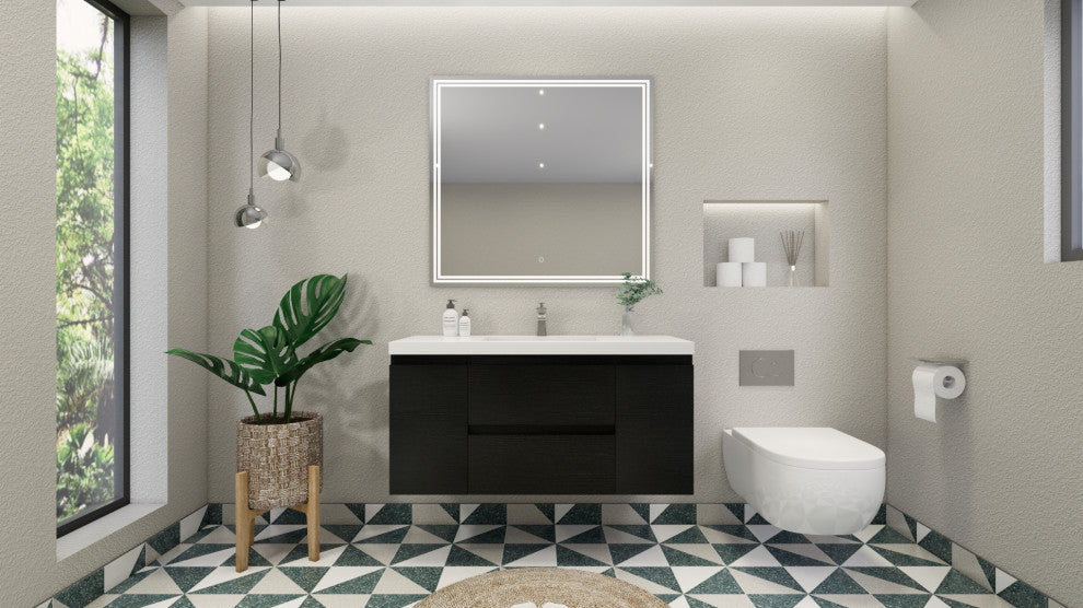 Belli 48" Wall Mounted Single Bathroom Vanity Set, Rich Matt Black, Glossy White Top