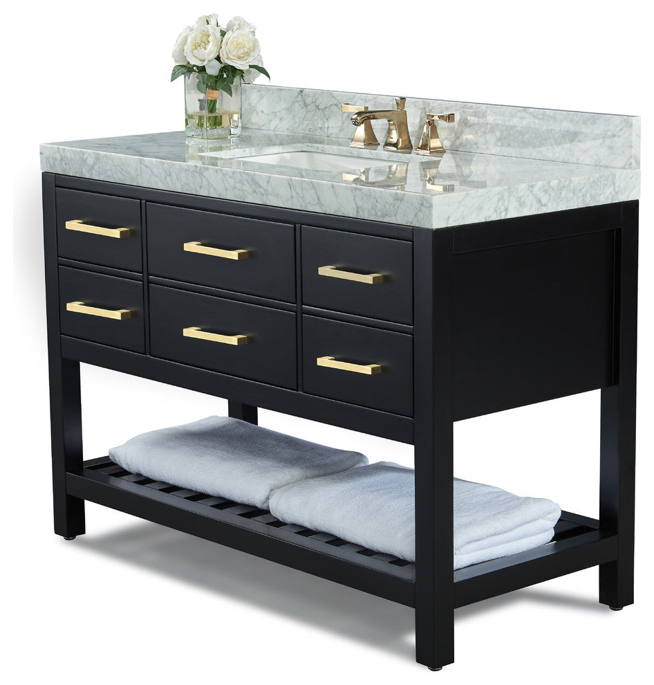 Elizabeth Bath Vanity, Black Onyx, 48", Gold Hardware, With Mirror