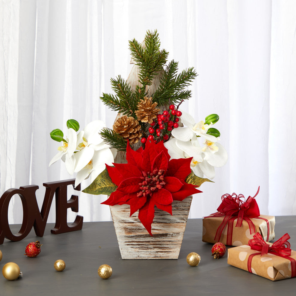 15" Poinsettia and Orchid Artificial Arrangement, Christmas Tree Vase