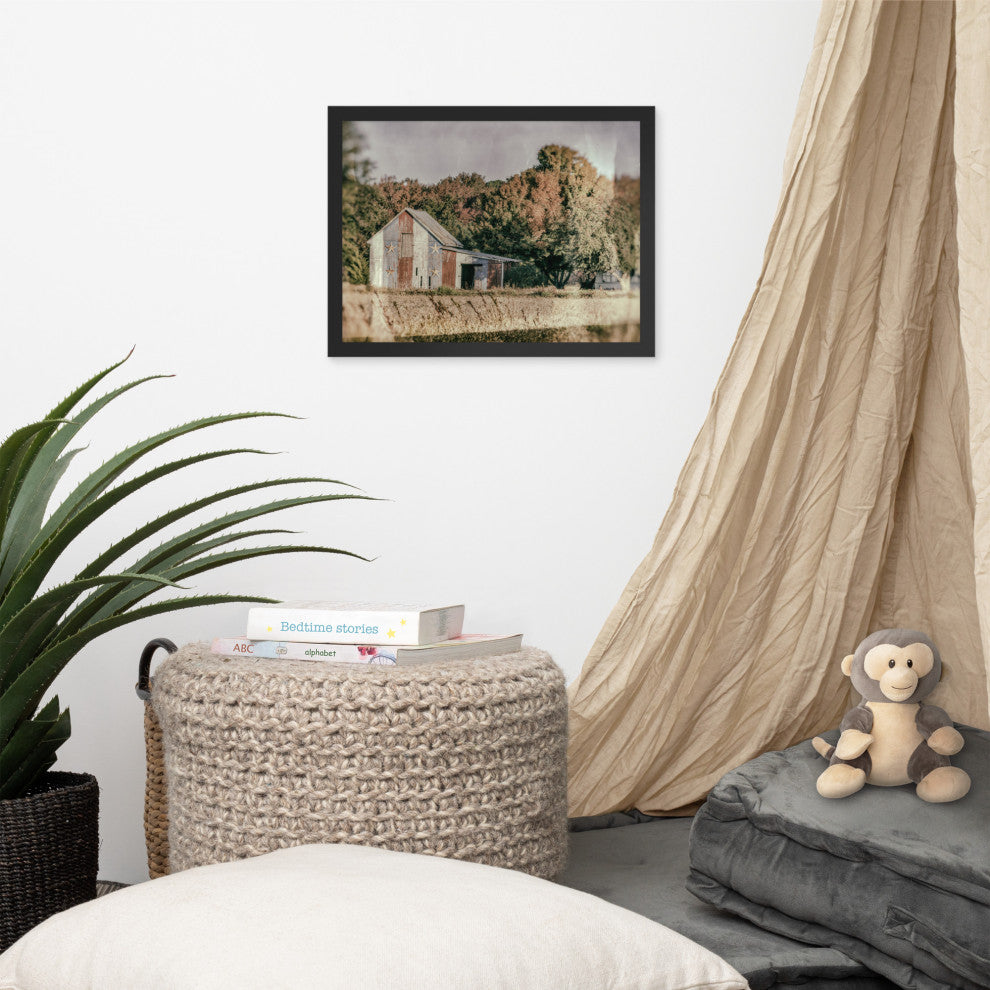 Patriotic Weathered Barn in Field Glass Plate Framed Photo Paper Wall Art Prints, Black, 12" X 16"