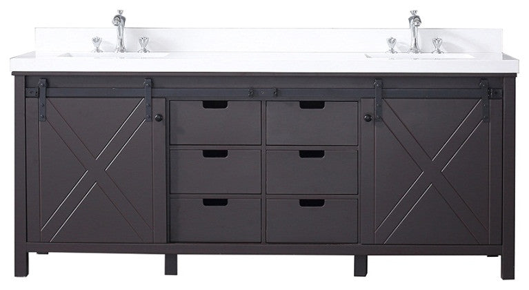Marsyas 80" Brown Double Vanity, White Quartz Top, White Sinks and No Mirror