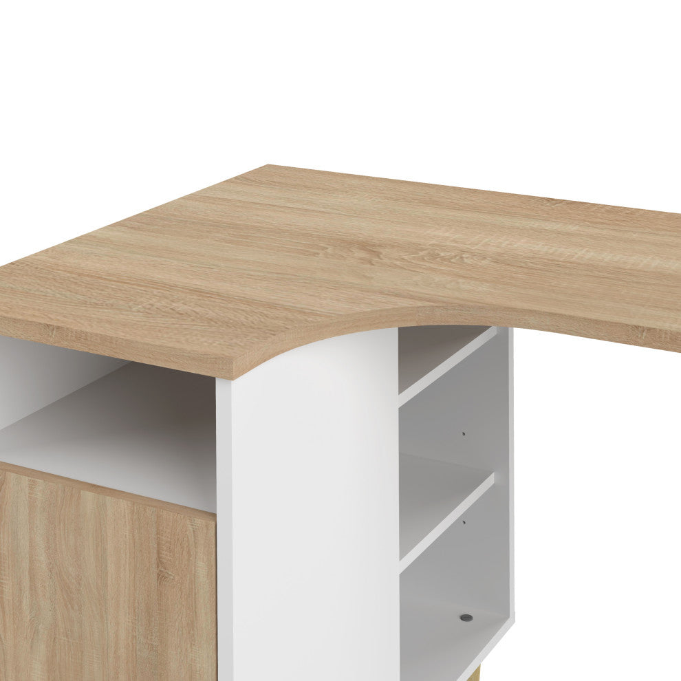 Modern White Small Home Desk With Shelves, White and Oak