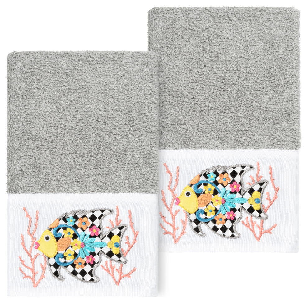 Linum Home Turkish Cotton Feliz 2-Piece Embellished Hand Towel Set, Light Gray