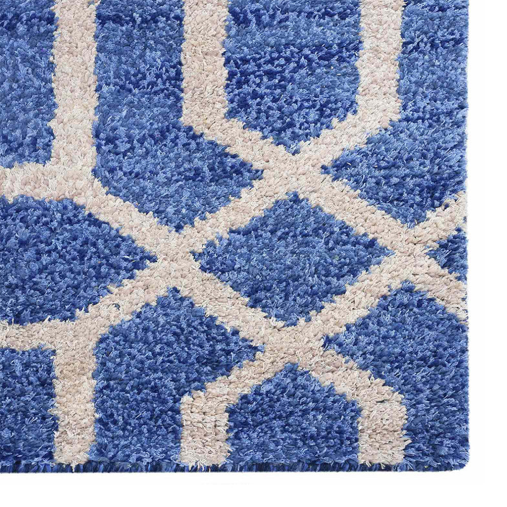 Hand Knotted Wool Area Rug Geometric Blue Beige