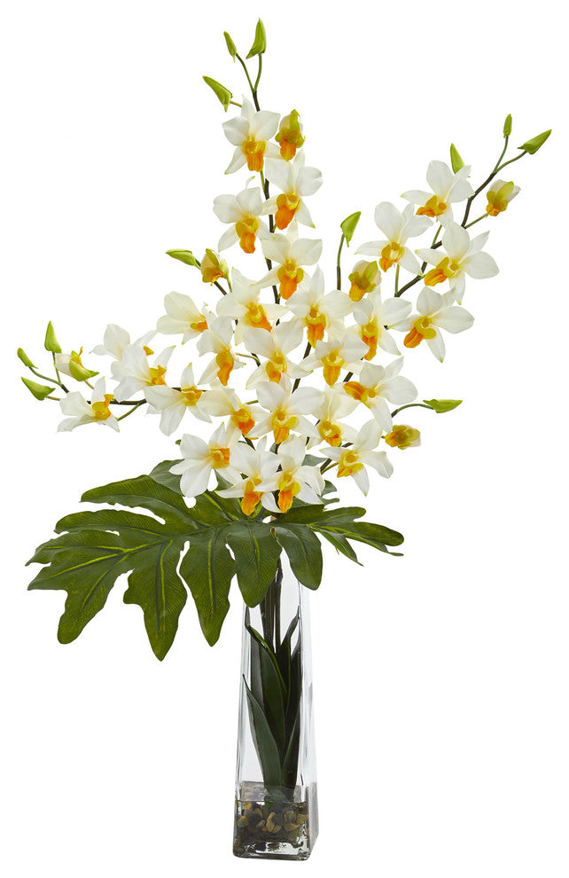 Nearly Natural Dendrobium Tropical Orchid Artificial Arrangement in Vase Cream