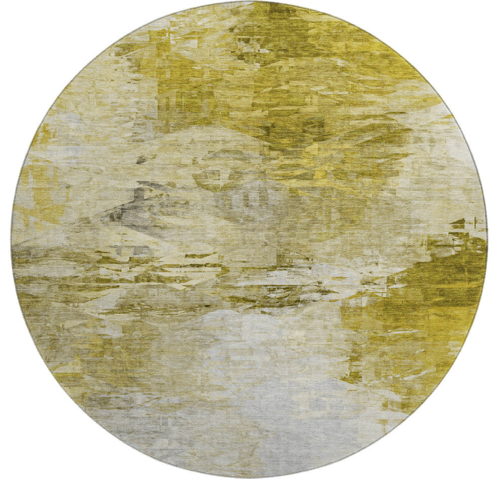 Premium Machine Washable Mayfield AMF595 Gold 8'' x 8'' Round Rug