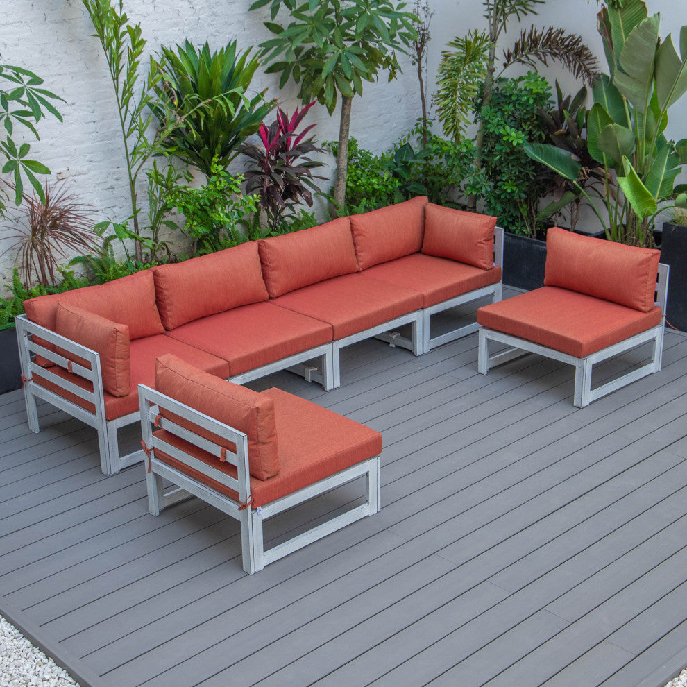 LeisureMod Chelsea 6-Piece Patio Sectional, Weathered Gray Aluminum, Orange
