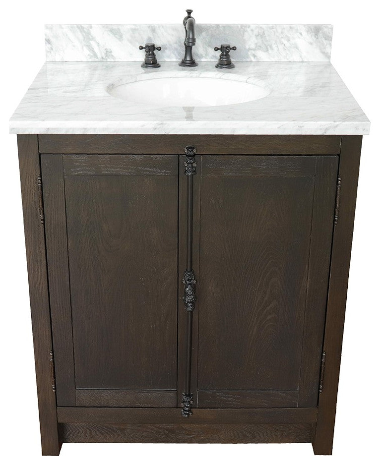 30" Single Vanity, Brown Ash, White Carrara Top, Oval Sink