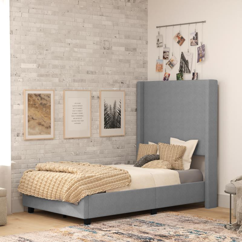 Quinn Upholstered Platform Bed with Channel Stitched Wingback Headboard, Gray, Twin