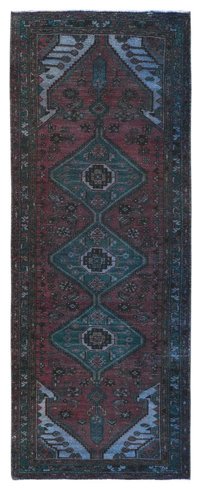 Light Red Overdyed Vintage Persian Hamadan Hand Knotted Pure Wool Rug, 3'5"x9'7"
