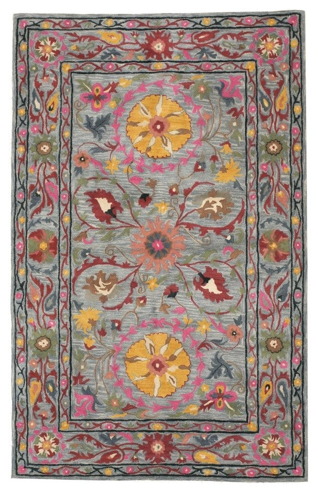 EORC Hand-tufted Wool Blue Traditional Floral Suzani Rug, Rectangular 5'x8'