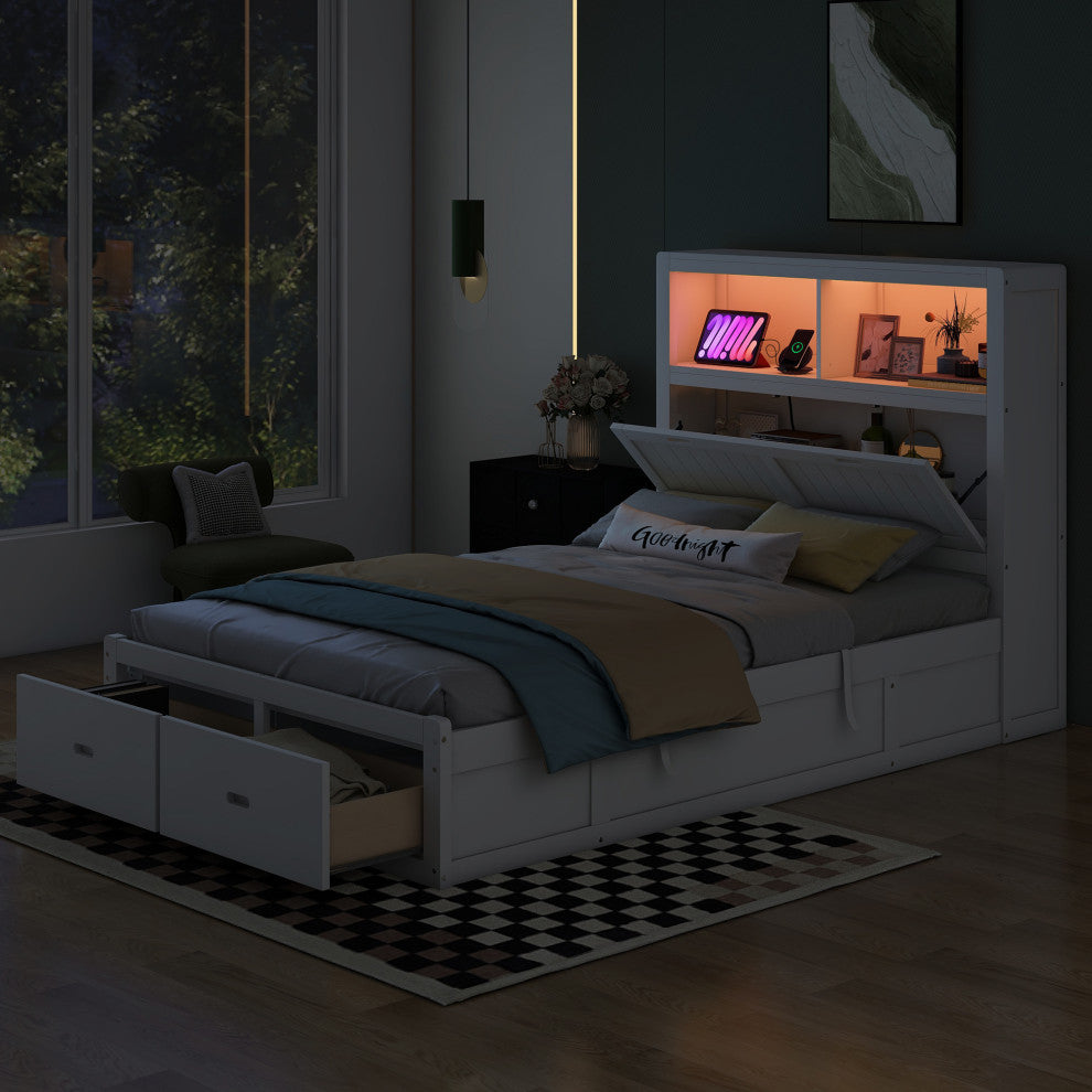 Gewnee Wood Full Size Hydraulic Platform Bed with Storage LED Headboard