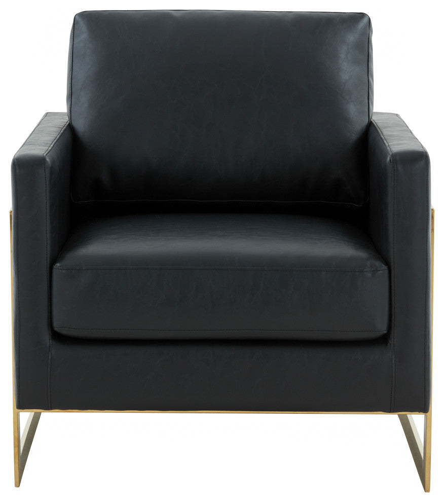 LeisureMod LA31BL-L Lincoln Black Leather Accent Armchair With Gold Frame