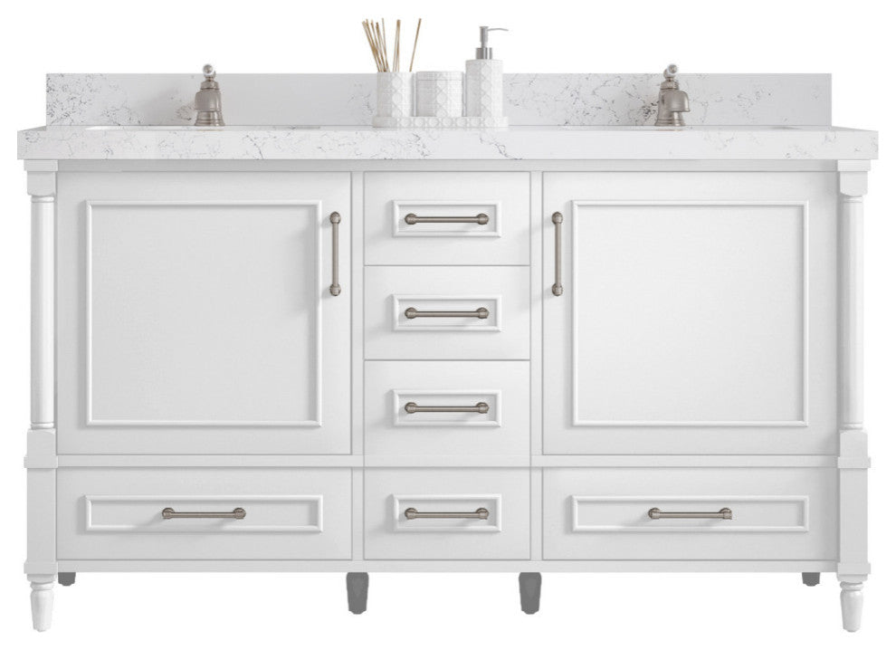 Aberdeen 60 Double Bathroom Vanity in White 2" Carrara Quartz