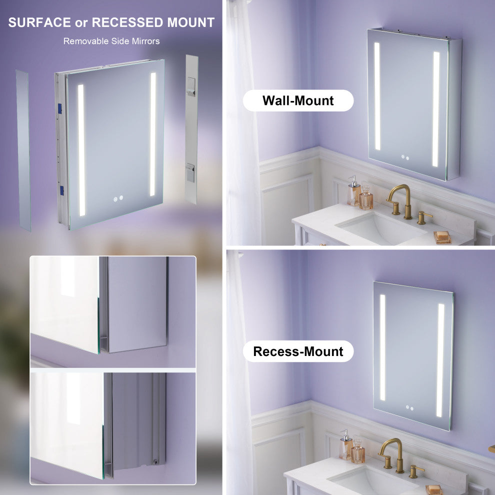 Recessed/Surface Mount LED Medicine Cabinet Mirror with Defogger, 24"x30" Right Hinge
