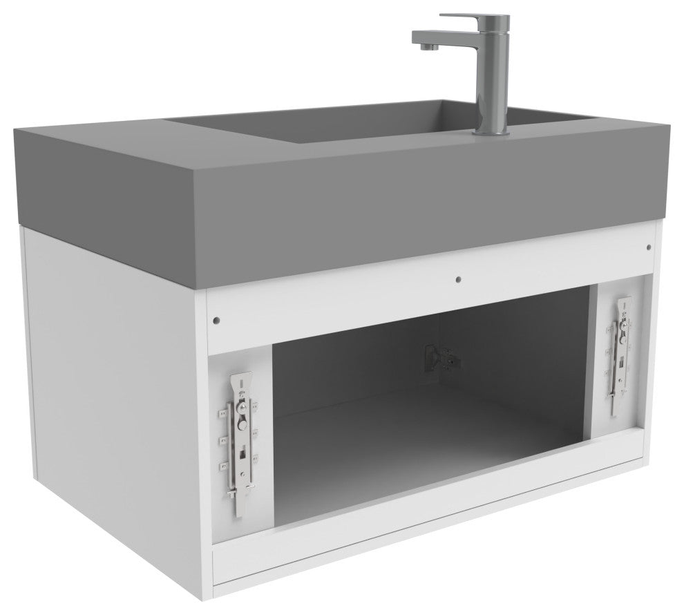 CastelloUSA Amazon 30" Left Wall Mounted Bathroom Vanity Set, White, Gray Top, Brushed Nickel