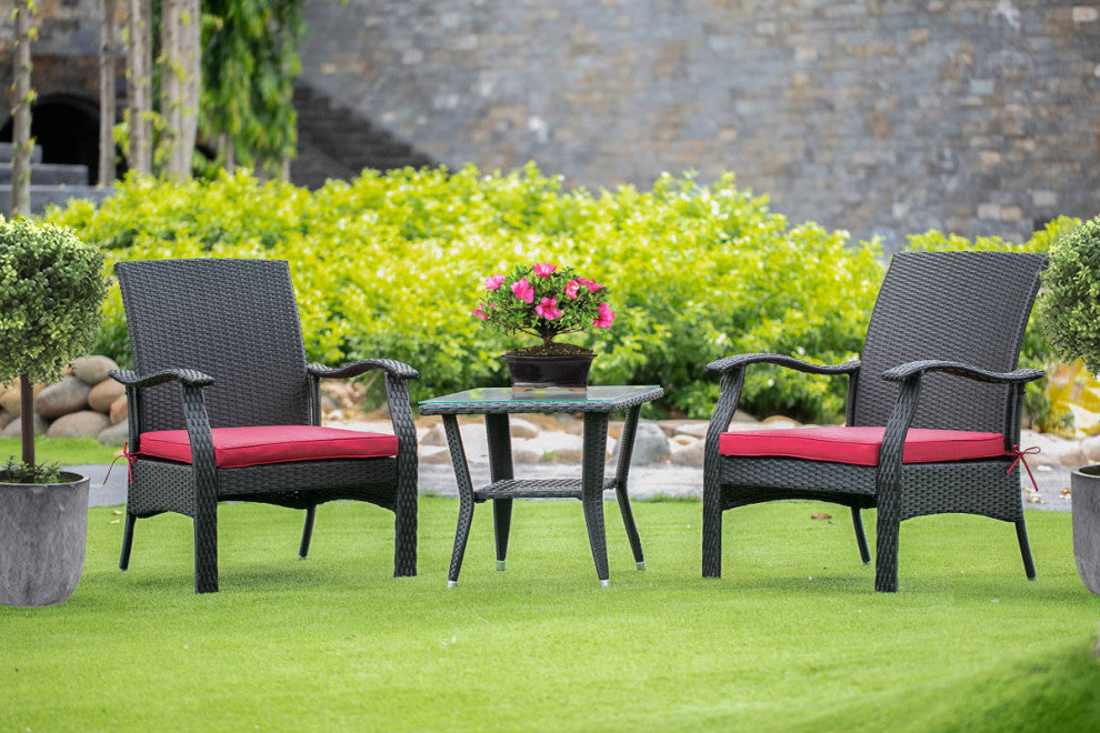 3Pc Outdoor- Black Wicker Dining Set, Patio Tea Table, 2 Armchair